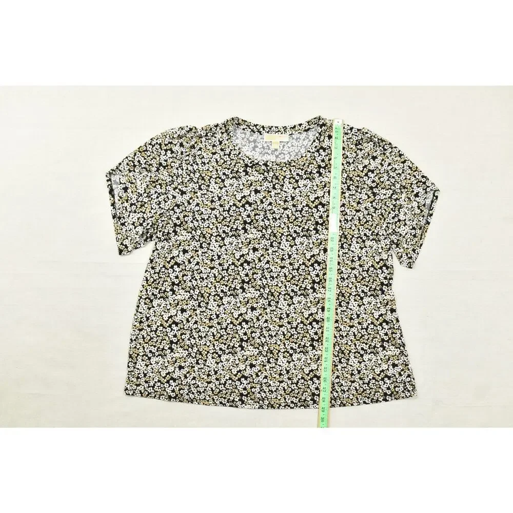 Michael Kors Women's Size 2X Black Gold White Floral Daisy Print Short Sleeve